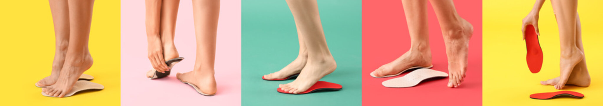 Set of barefoot people with insoles on colorful background