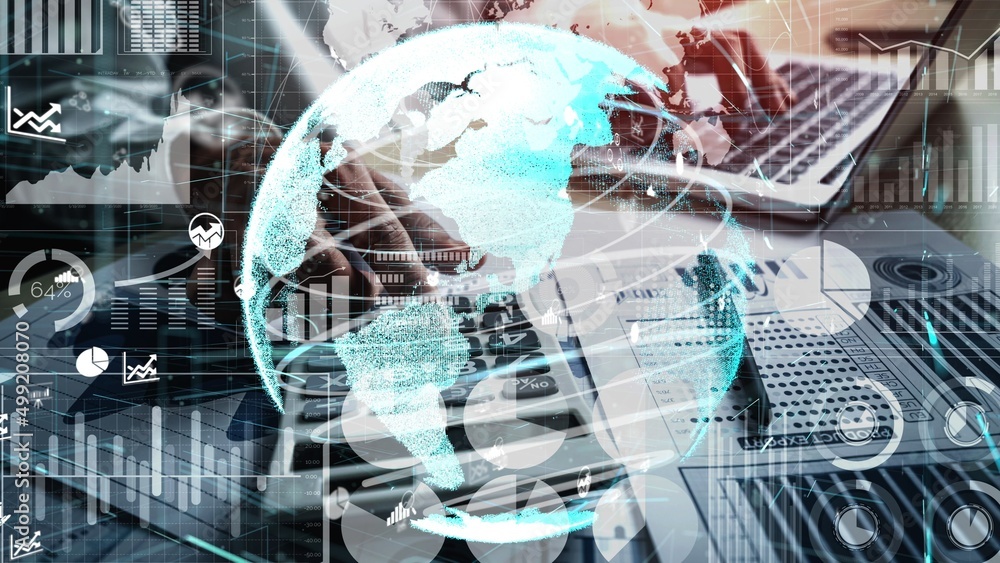 Poster conceptual business dashboard for financial data analysis . 3d render computer graphic .