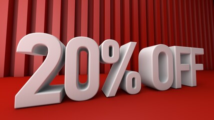 3d illustration with text: 20% off. Discount for big sales. Red background.