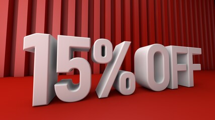 3d illustration with text: 15% off. Discount for big sales. Red background.