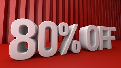 3d illustration with text: 50% off. Discount for big sales. Red background.