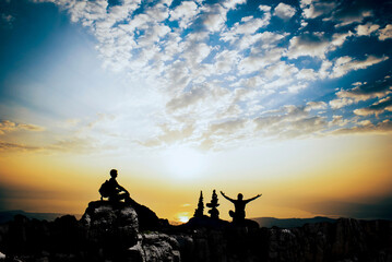 break of mountaineers watching sunrise in the summit mountains