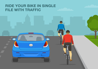 Traffic regulation rules and tips. Safe bicycle riding. Cyclists riding bike in a single file on the city road. Flat vector illustration template.