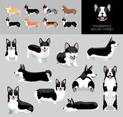 Dog Pembroke Welsh Corgi Black Coat Cartoon Vector Illustration Color Variation Set