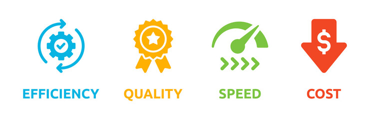 Quality, speed, efficiency and cost management process icon. Banner vector illustration - obrazy, fototapety, plakaty