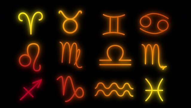 Zodiac symbols, astrology signs seamless loop animation. Black background. Red, yellow, golden zodiac signs animated.