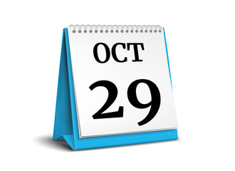 Calendar on white background. 29 October. 3D illustration.