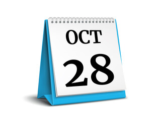 Calendar on white background. 28 October. 3D illustration.