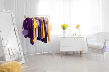 Interior of light dressing room with clothes, mirror and commode
