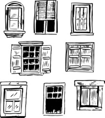 Windows ink sketches group. Random windows doodles set. Simple minimal texture style. House vector drawings collection. 