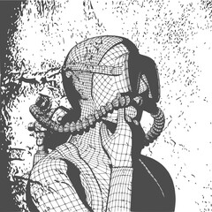 Fototapeta premium Monochrome silhouette of confused diver. Mesh grid texture