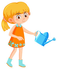 A girl in orange dress holding watering pot