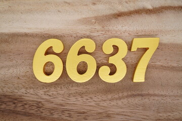Golden Arabic numerals on a real brown and white wooden floor number 6637