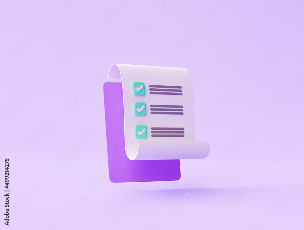 Poster clipboard with checklist paper note icon or symbol on purple background 3d rendering