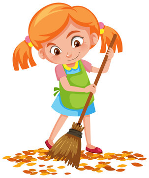 recommend clip art: Girl sweep the leaves on the floor