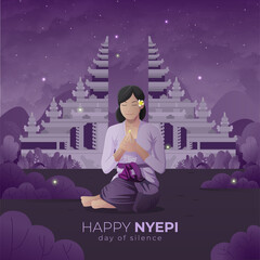 Balinese nyepi day greetings card with meditate woman