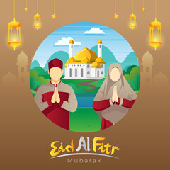 Eid al fitr greetings card with muslim man and woman infont of mosque