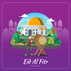 Eid al fitr greetings with a boy hitting a ceremonial drum