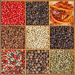 set of various peppercorn. Assortment of peppers in rustic wooden box. From left to right and from top to bottom: 1 Pink 2 Black 3 Chili 4 Sichuan 5 White 6 Cubeba 7 mix 4 peppers 8 Allspice 9 green