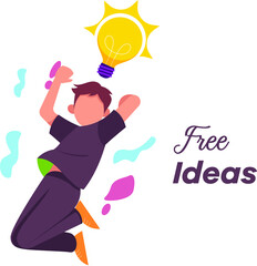 Happy young boy jumping. he got a brilliant idea for free. Symbol of creativity, creative idea, mind, thinking. Colored flat graphic vector illustration isolated on white background. 