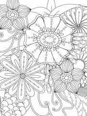 Doodle floral pattern in black and white. A page for coloring book: very interesting and relaxing job for children and adults. Zentangle drawing. Flower carpet in a magic garden