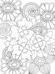 Doodle floral pattern in black and white. A page for coloring book: very interesting and relaxing job for children and adults. Zentangle drawing. Flower carpet in a magic garden