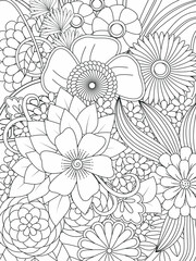 Doodle floral pattern in black and white. A page for coloring book: very interesting and relaxing job for children and adults. Zentangle drawing. Flower carpet in a magic garden