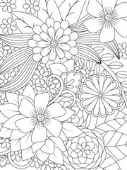 Obraz premium Doodle floral pattern in black and white. Page for coloring book: very interesting and relaxing job for children and adults. Zentangle drawing. Flower carpet in magic garden