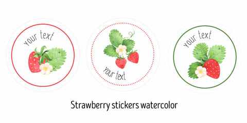 Juicy strawberry watercolor stickers. Bright red berries and green leaves, strawberry flowers. Summer botanical illustration. For packages, cards, logo. Summer sweet and bright fruits and berries. 