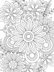 Doodle floral pattern in black and white. Page for coloring book: very interesting and relaxing job for children and adults. Zentangle drawing. Flower carpet in magic garden