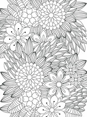 Doodle floral pattern in black and white. A page for coloring book: very interesting and relaxing job for children and adults. Zentangle drawing. Flower carpet in a magic garden