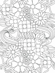 Doodle floral pattern in black and white. A page for coloring book: very interesting and relaxing job for children and adults. Zentangle drawing. Flower carpet in a magic garden
