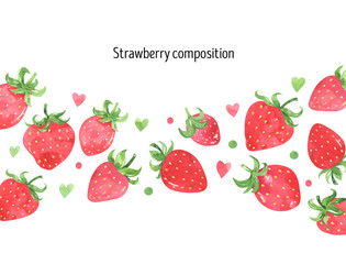 Juicy strawberry watercolor design elements comositions. Bright red berries cute strawberry. Summer botanical illustration. For packages, cards, logo. Summer sweet and bright fruits and berries. 