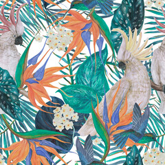 Tropical seamless pattern with white cockatoo parrot, hummingbird, bird of paradase flower, exotic leaves. Summer hand painted with watercolor background © ramiia