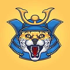 Obraz premium Head Lynx animal wearing samurai helmet vector illustration