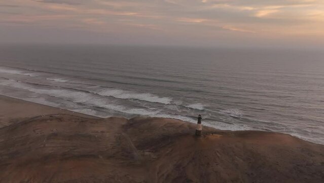 Aerial view of Puerto Eten lighthouse at sunset, Lambayeque, Peru