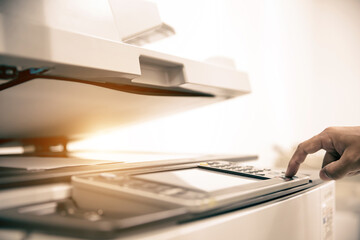 Copier printer, Close up hand office man press copy button on panel to using the copier or...