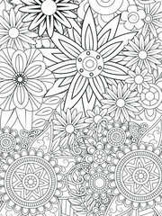 Doodle floral pattern in black and white. A page for coloring book: very interesting and relaxing job for children and adults. Zentangle drawing. Flower carpet in a magic garden