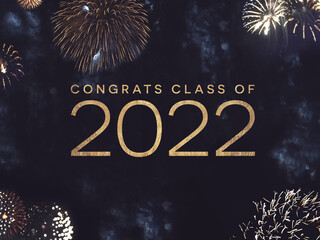 Congrats Class of 2022 Graduation Card Design with Gold Celebration Fireworks in Night Sky...