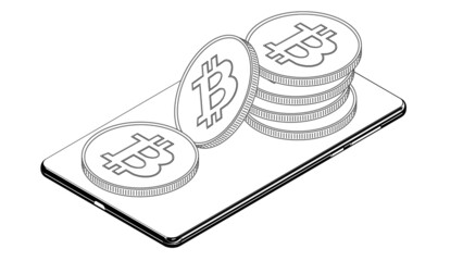 Isometric smartphone with bitcoin btc coins outline isolated on white background.