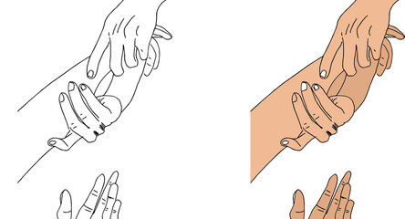 line art is reaching out isolated on white background. help line drawing