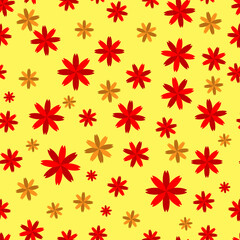 Seamless pattern abstract yellow background of geometric red flower scattered not arranged.
