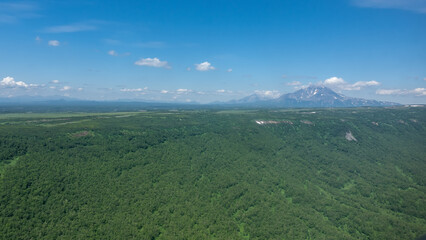 Fototapeta premium Aerial view of Kamchatka. The valley has lush green vegetation. A conical volcano with snow-covered slopes rises against the background of blue sky and clouds