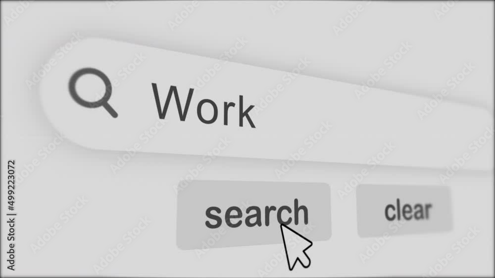 Poster work typing on search bar with click animation.vintage monitor screen. searching the word on interne