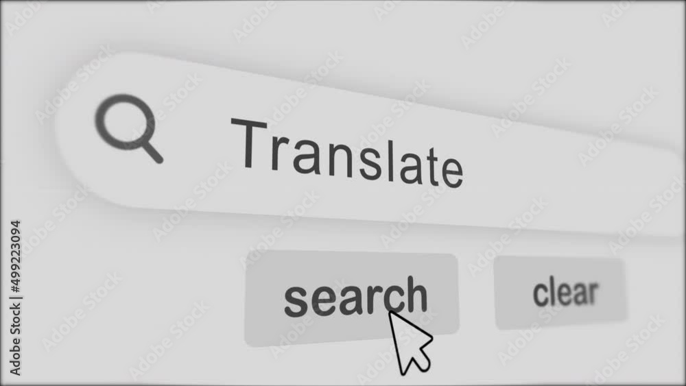 Poster translate typing on search bar with click animation.vintage monitor screen. searching the word on in