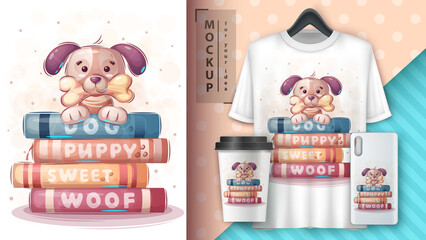 Dog reads books poster and merchandising.