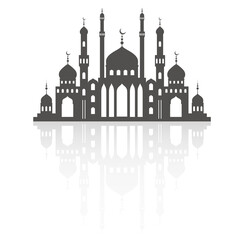 Mosque with minarets on skyline. Islamic architecture silhouette. Istanbul cityscape with reflection isolated on white background.