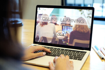 Online study class, E learning web banner on laptop screen background
