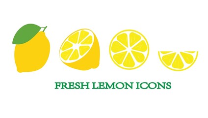 Fresh lemons. Half and whole lemon fruit on white background. Flat vector illustration.