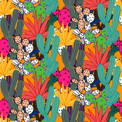 Vector seamless half-drop pattern, with cactus